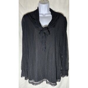 Jade Moon Gray Silver Blouse Sheer Tie Lined Silver Thread Bling Cuffs 1X